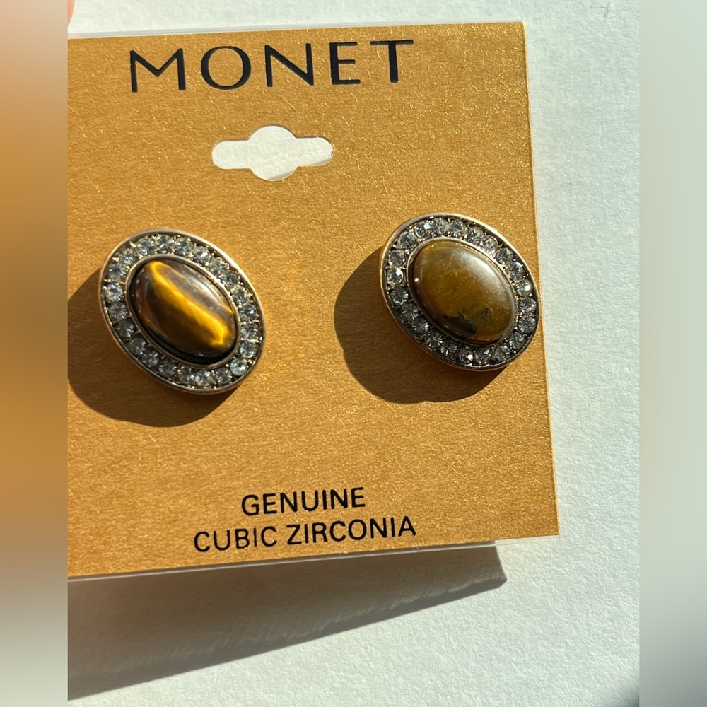 Monet Gold and Brown Stone Earrings